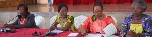 Panel discussion with (L-R) Elizabeth Ampairwe- project coordinator with EASSI in Uganda, Marie-Grace Safiamina of SOFAD RDC, Suzanne Ruboneka of Rwanda Women's Network in Rwanda, Nizigiyimana of Burundi. Panel discussing the role of rural women in security and peace.