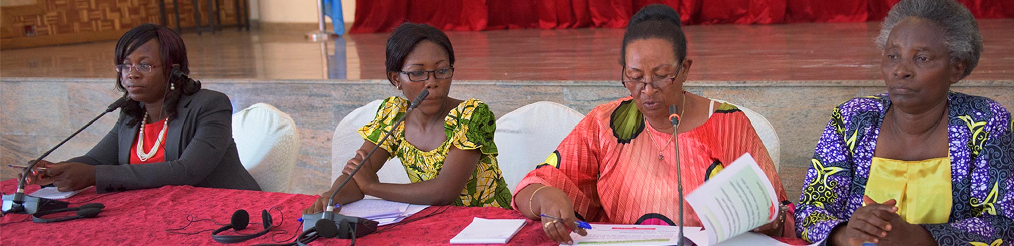 Panel discussion with (L-R) Elizabeth Ampairwe- project coordinator with EASSI in Uganda, Marie-Grace Safiamina of SOFAD RDC, Suzanne Ruboneka of Rwanda Women's Network in Rwanda, Nizigiyimana of Burundi. Panel discussing the role of rural women in security and peace.