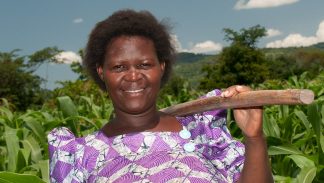 A beneficiary in Uganda works in a field