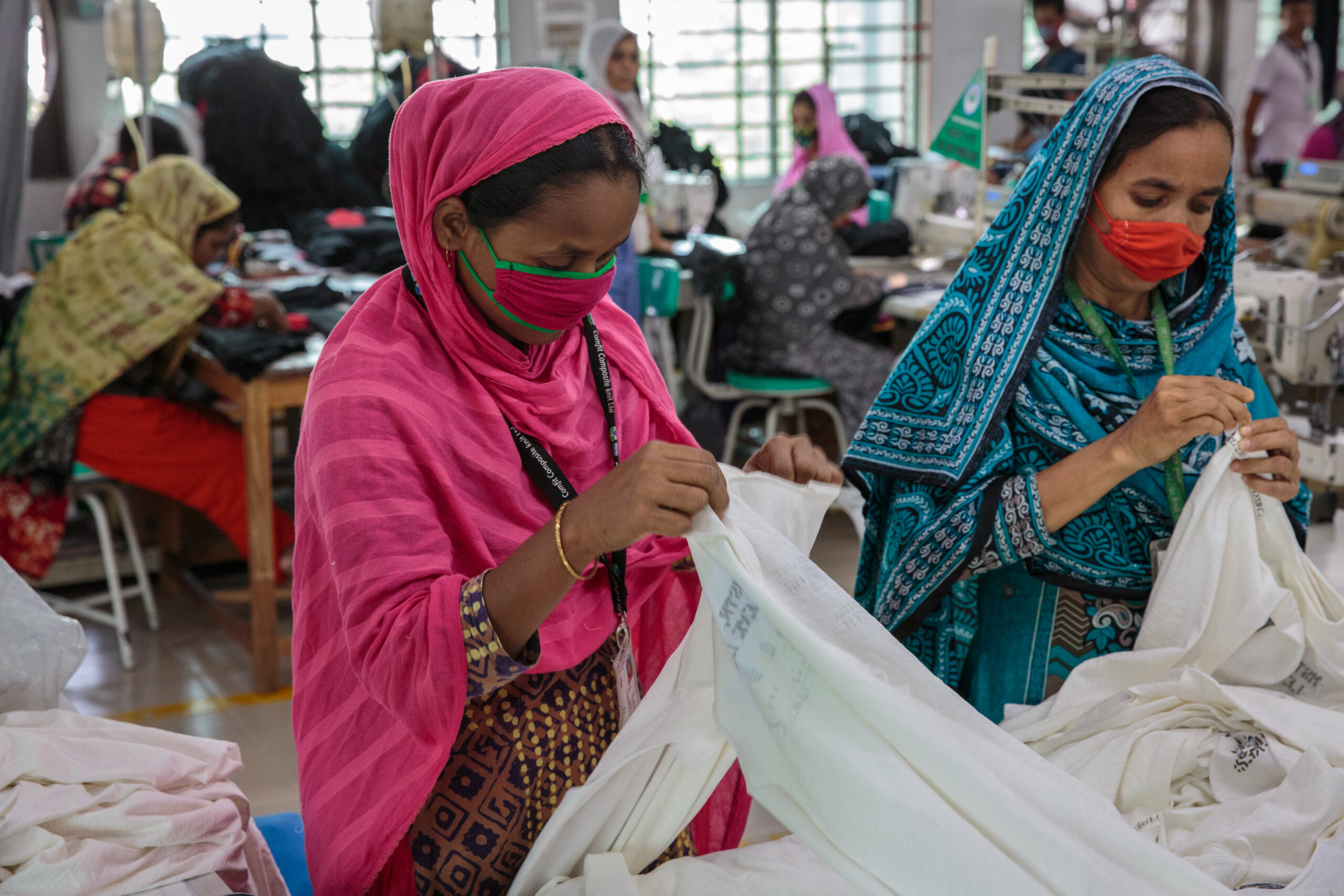 Sara Hylton Female garment workers sort through fabric in a factory located outside of of Dhaka, Bangladesh on October 2, 2018. This particular factory, owned by European fashion retailer C&A has 650 employees, 55 percent of whom are women. 16 women have been trained on issues around sexual harassment, and they will pass their training onto other women. According to Human Rights Watch, sexual harassment in garment factories in Cambodia, Bangladesh, Burma, and Pakistan were rife with abuse, legal protections did not exist or were weakly enforced, and efforts to audit factories or monitor for harassment were ineffective. Sara Hylton for Global Fund for Women