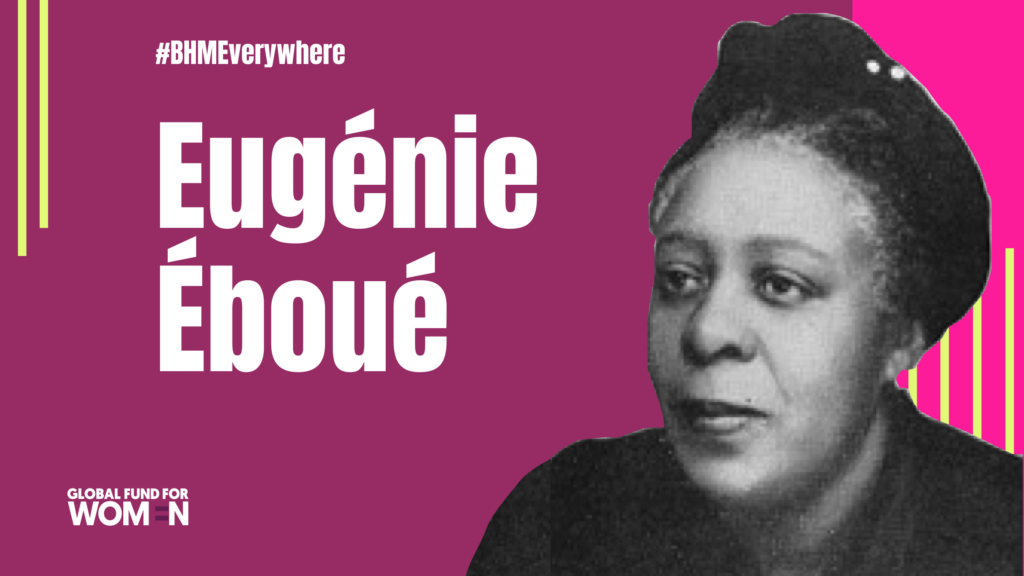 The words "Eugénie Éboué" and "#BHMEverywhere" sit by a black and white photo of Eugénie Éboué's face. She looks slightly to the side and has a slight smile.