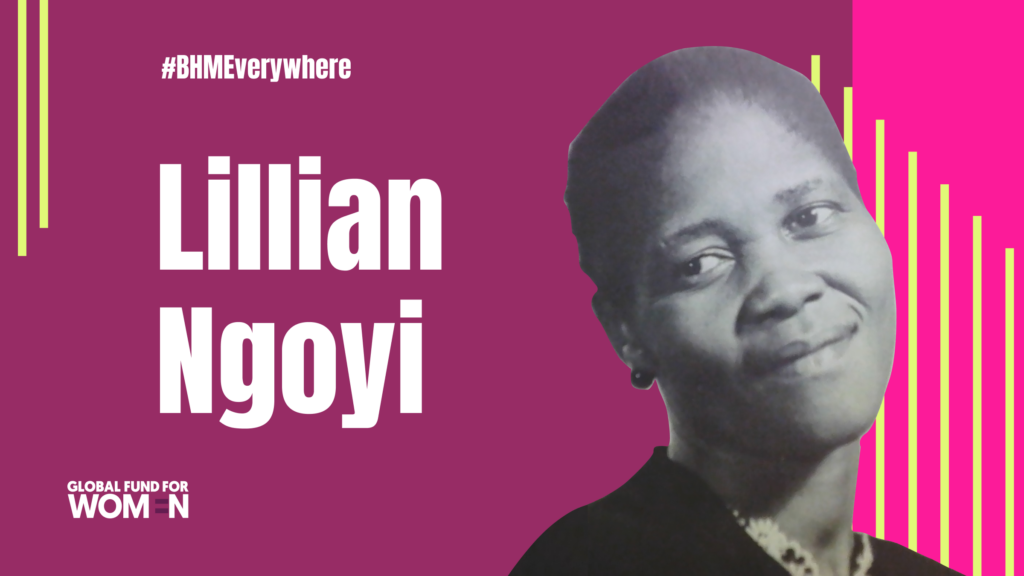 The words "Lillian Ngoyi" and "#BHMEverywhere" sit by a black and white photo of Lillian Ngoyi, who is looking to the side with a soft smile.