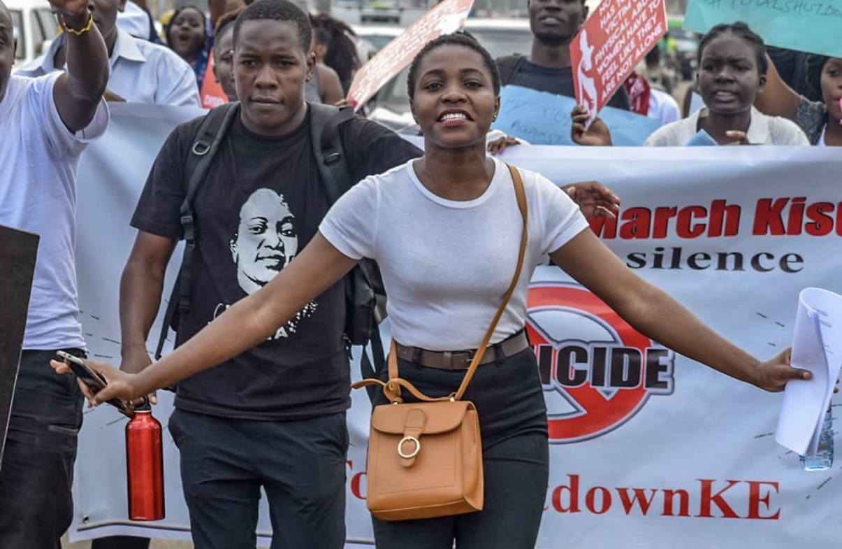 Representatives of the Kisumu Feminist Society take part in a a #TotalShutDownKe Anti-Femicide March in Kenya in 2019.