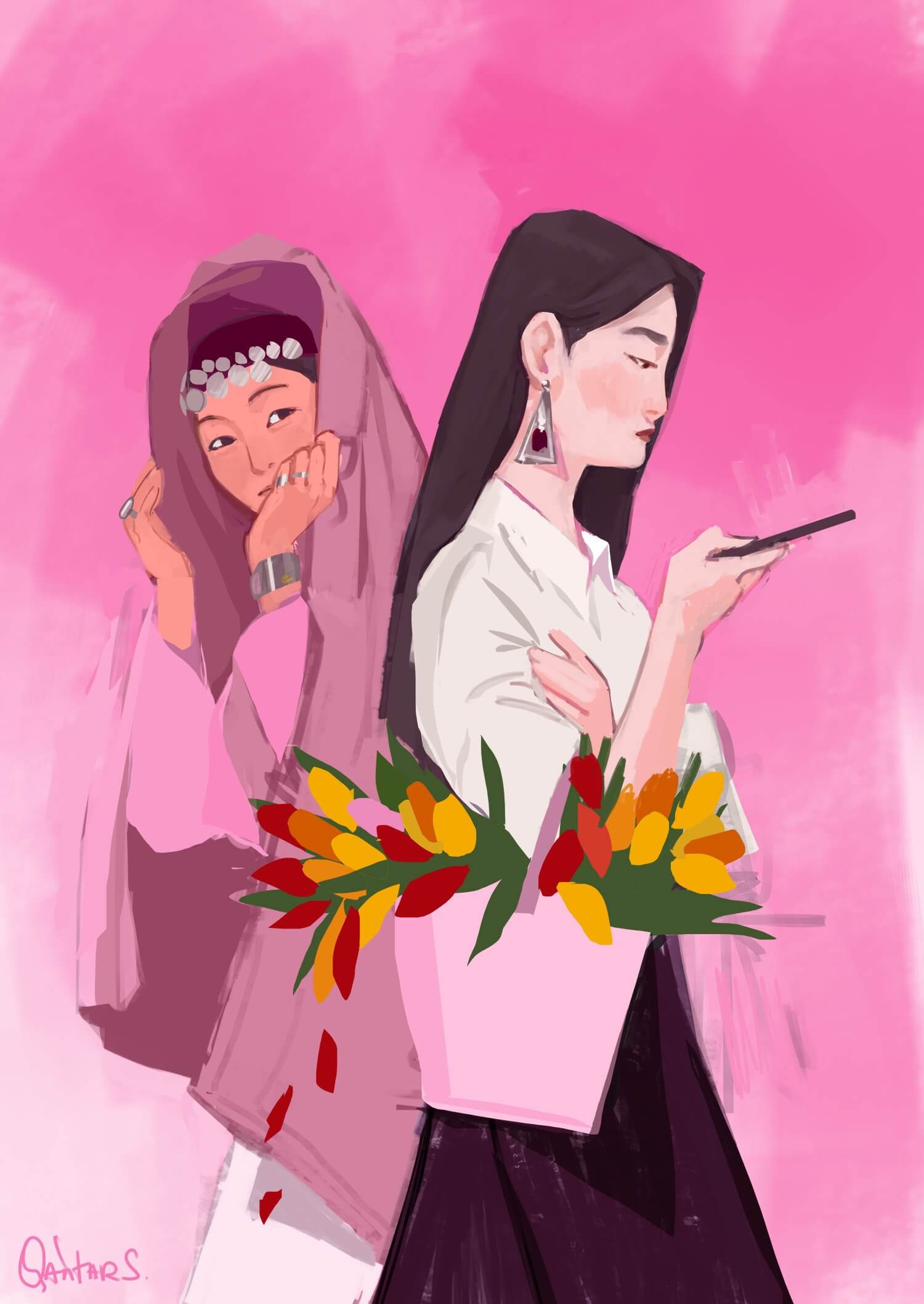 In a digital drawing with mostly pink tones, a Central Asian woman with a head covering passes by another Central Asian woman looking at her phone.