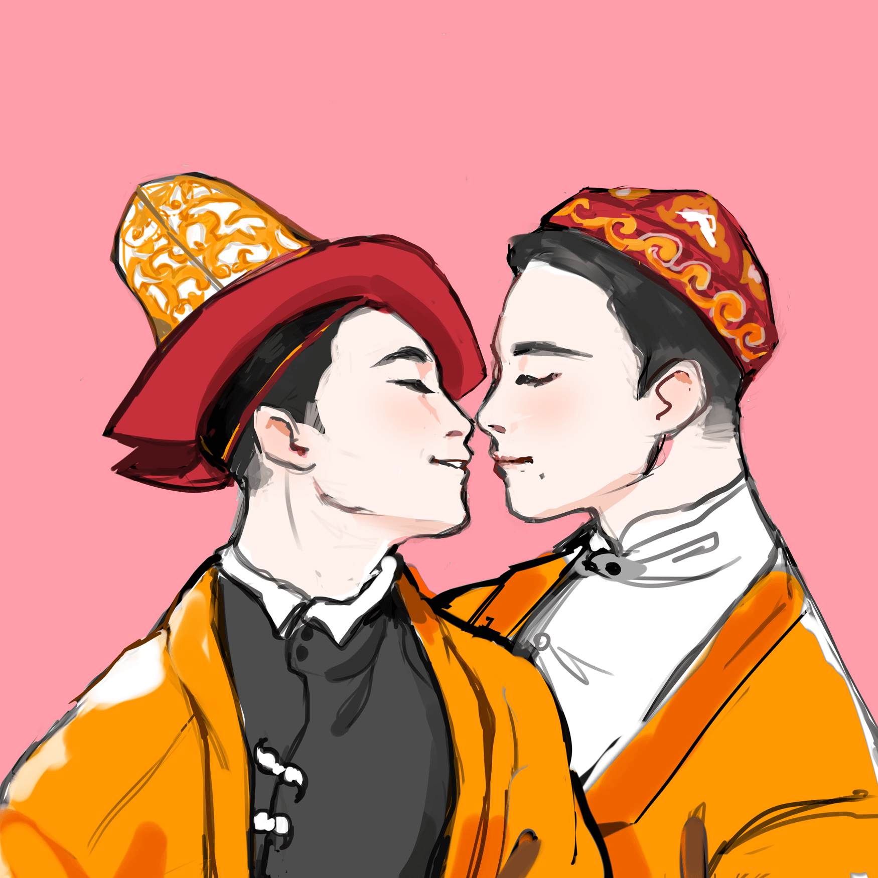 Two masculine Central Asian figures lean into one another for a kiss, in a digital drawing made of pinks, reds, and orange colors.