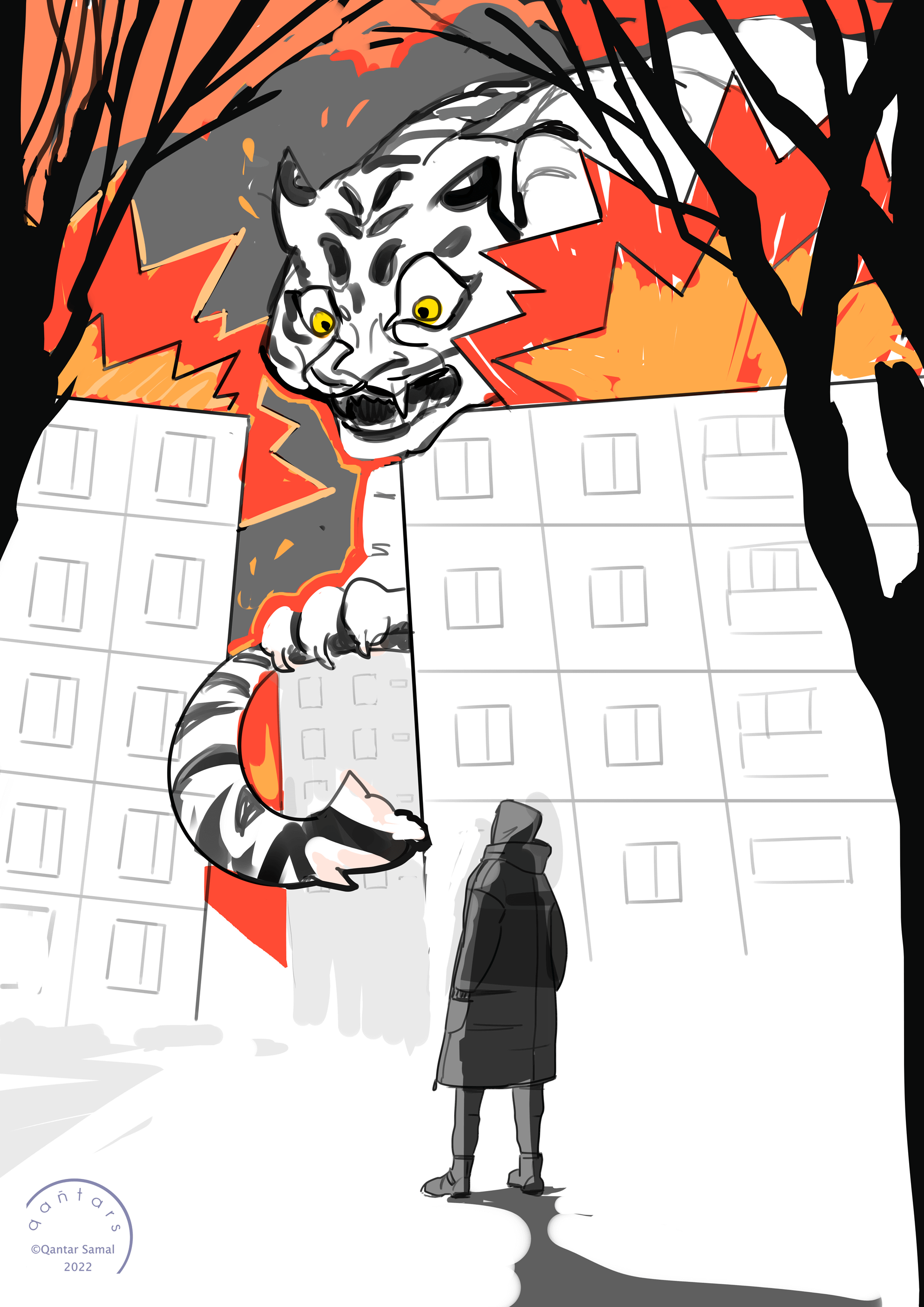 In a loose sketch, a white and black tiger crawls over an apartment building while a small figure in shadow looks on.