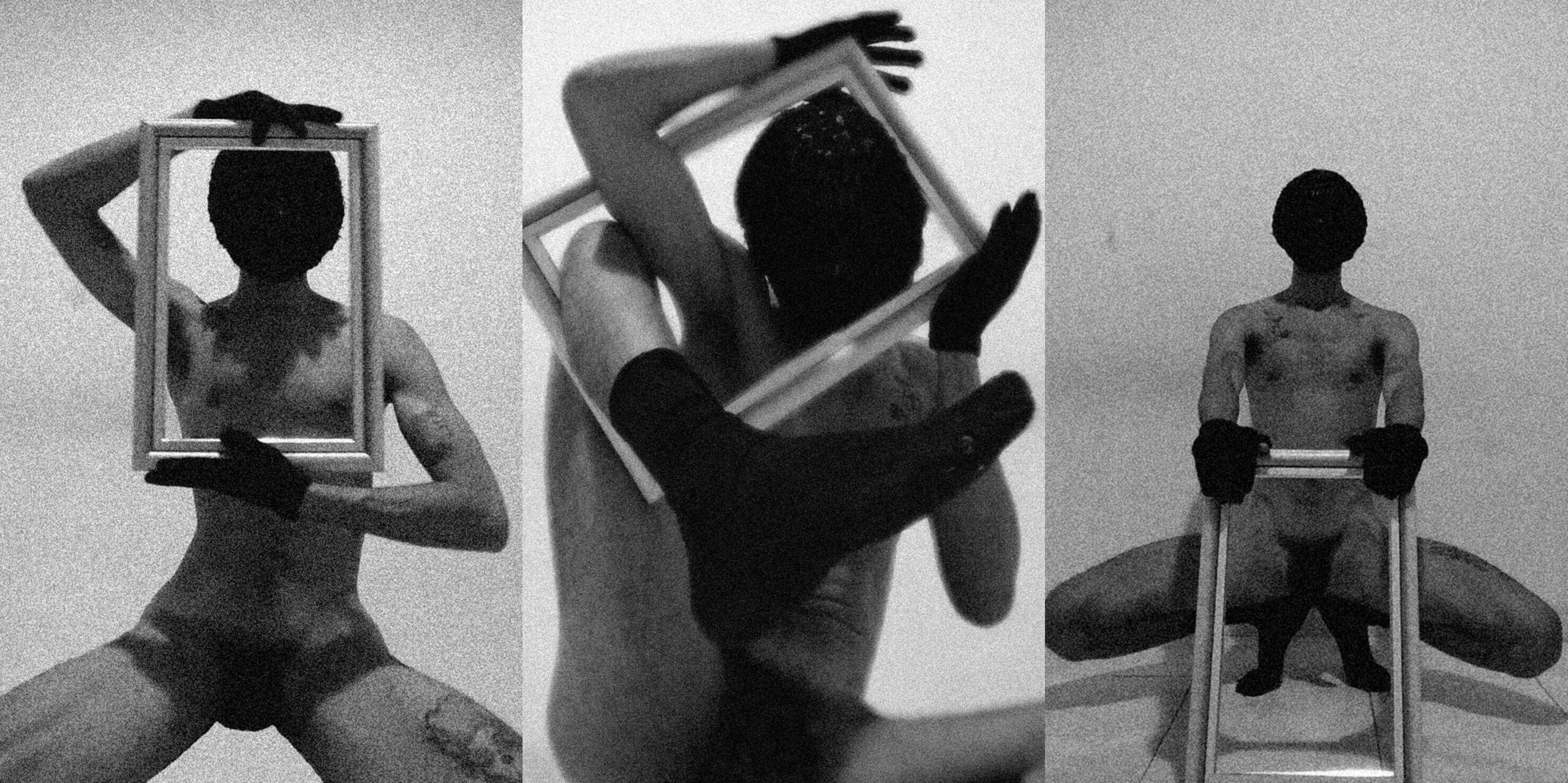 A triptych of 3 grainy black and white photos of a figure holding a picture frame and arranging her body around it. She’s wearing a face covering, gloves, and socks.