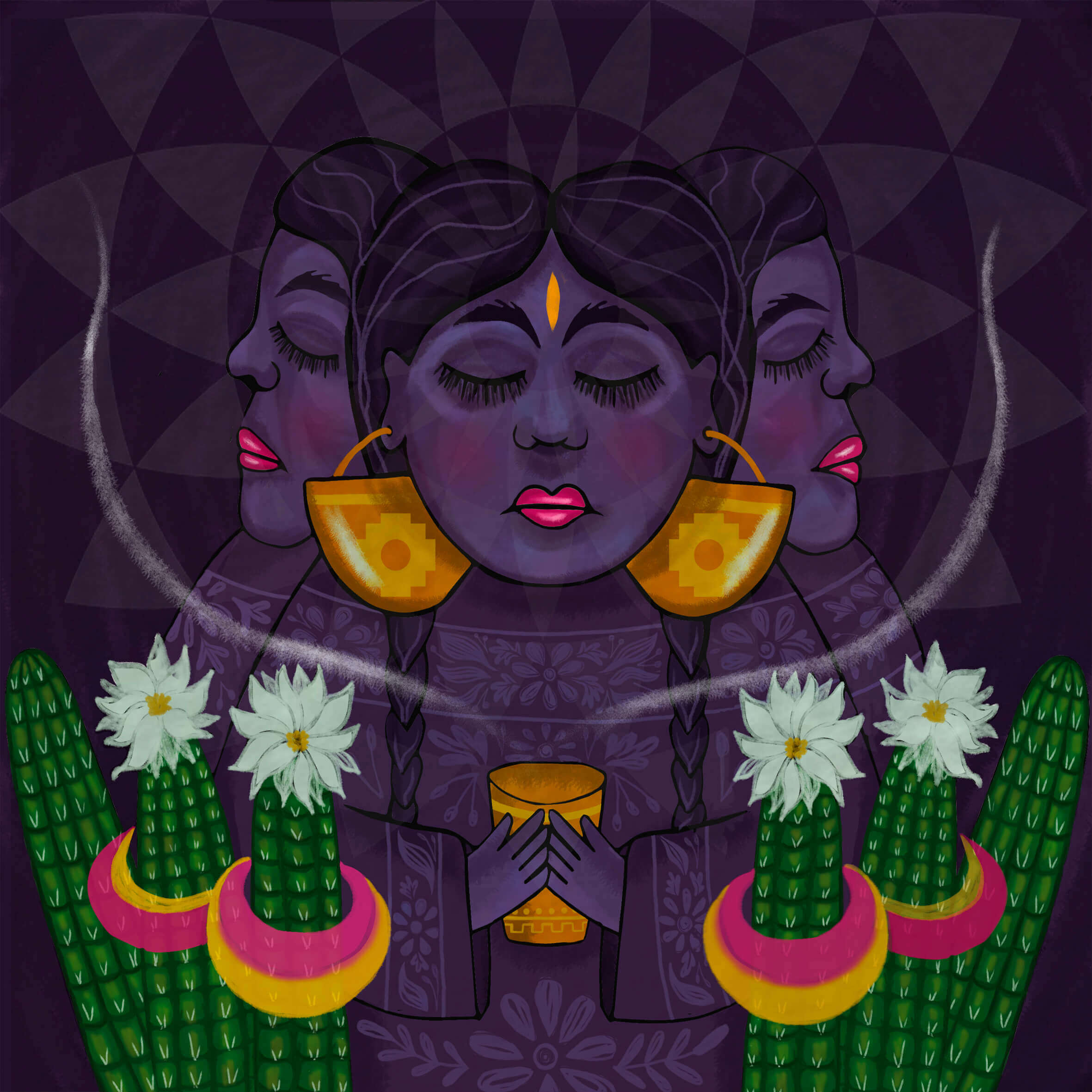 Three faces of women drawn in purple and black are surrounded by bright green cactuses.