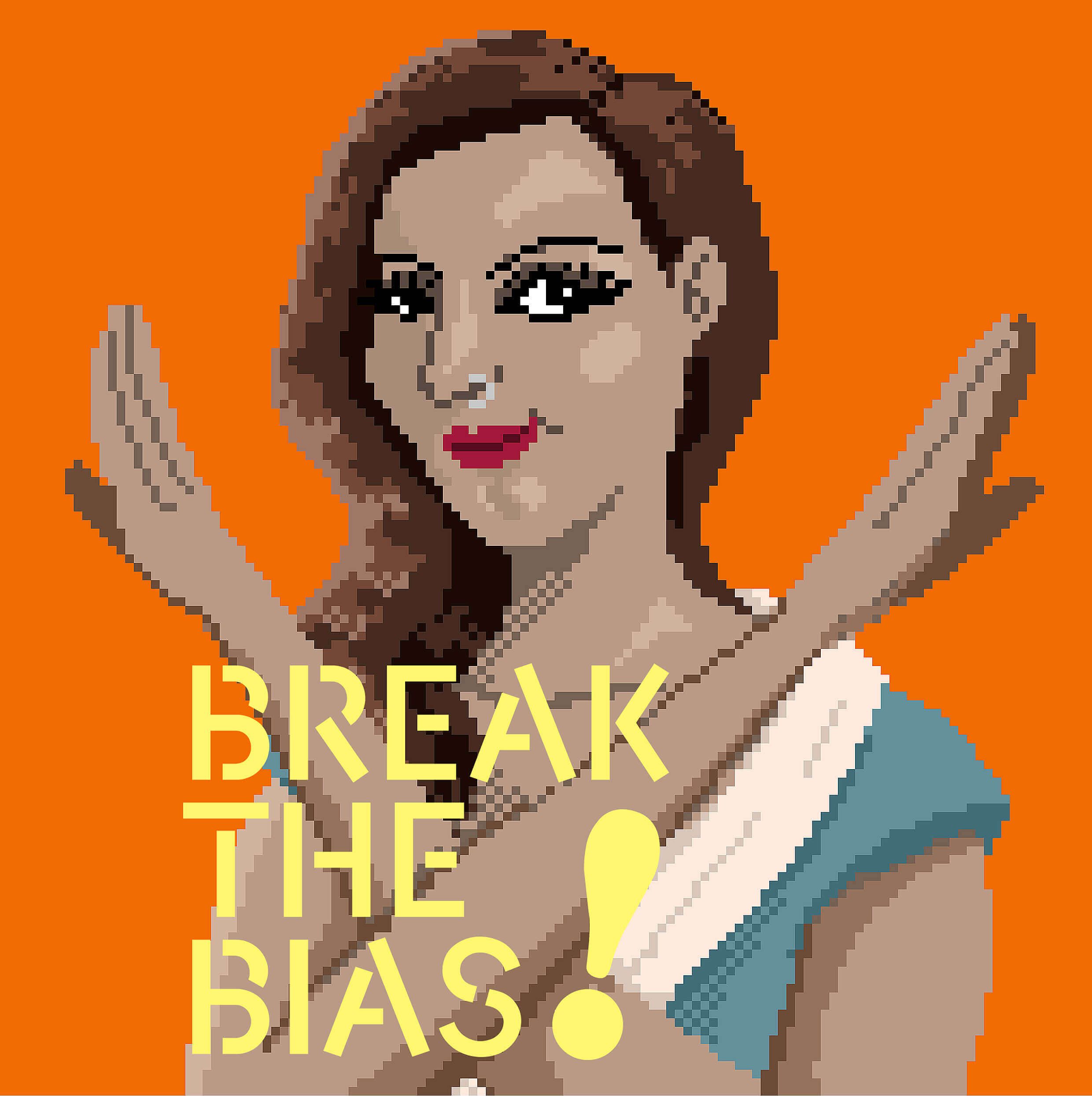 An Indian trans woman crosses her arms in front of her. The image is brightly colored and created in a pixelated style.
