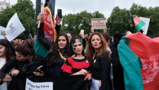 group of people at the "Stop Killing Afghans" London protest in August 2021