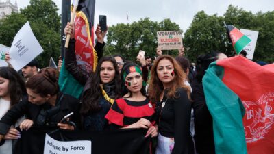group of people at the "Stop Killing Afghans" London protest in August 2021